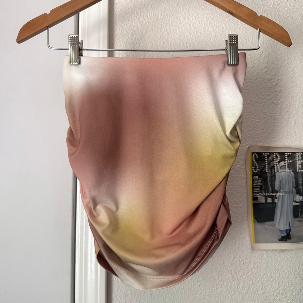 NWT DE ROCOCO tan peach multicolor ombre strapless ruched cropped top